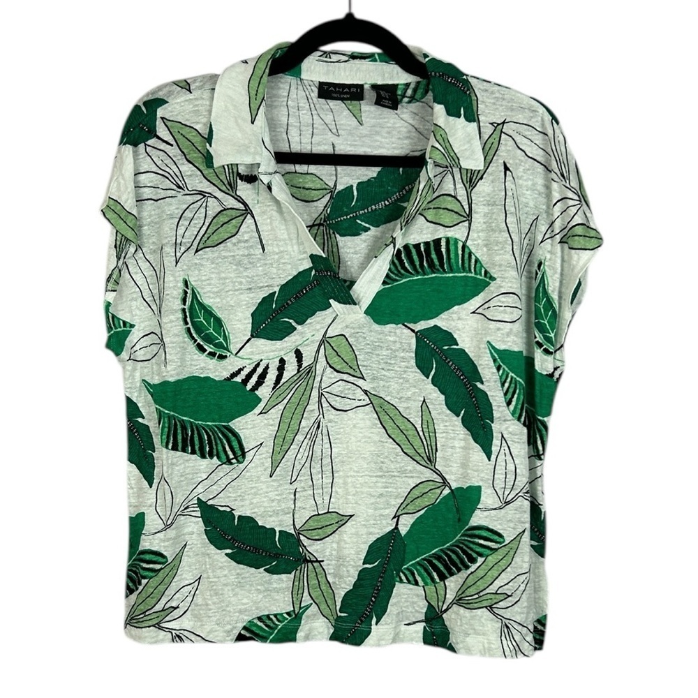Tahari Linen Tropical Short Sleeve Collared Tee XL White Green Beach Coastal